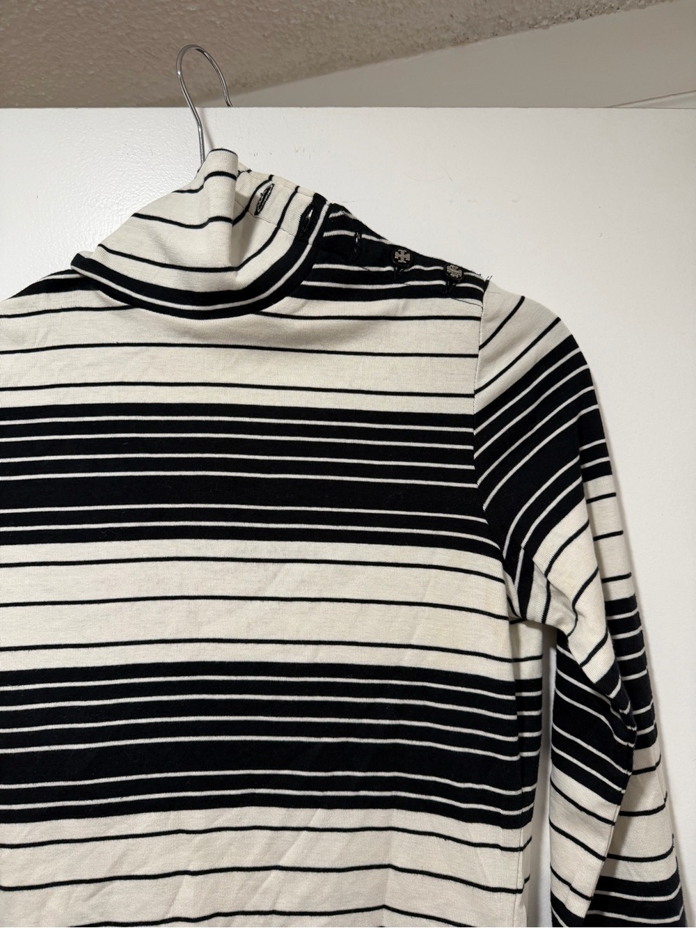 Tory Burch Black & White Striped Button-Shoulder Top